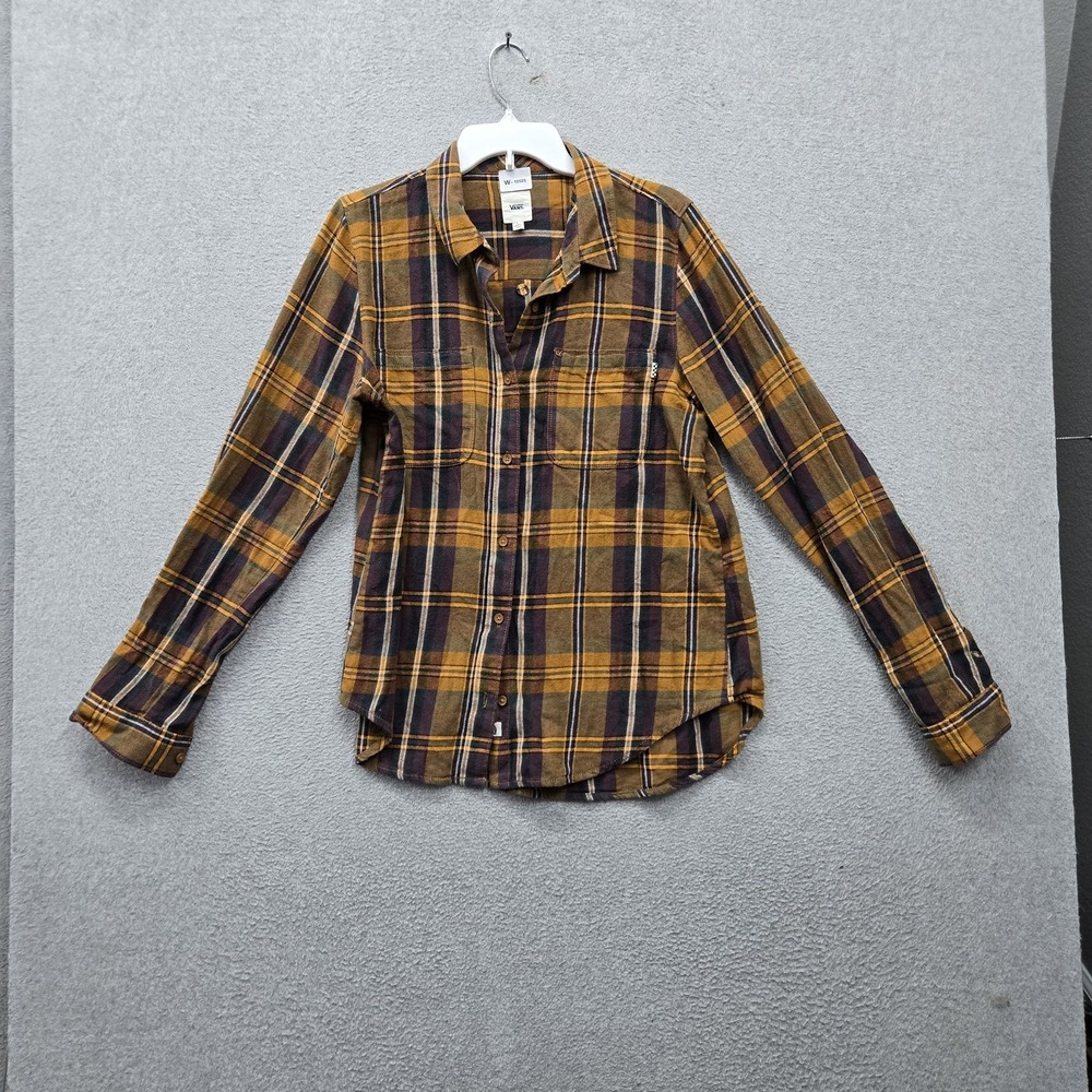 Vans Women Button Up Shirt L Yellow Plaid Flannel Grunge Long Sleeve Pockets